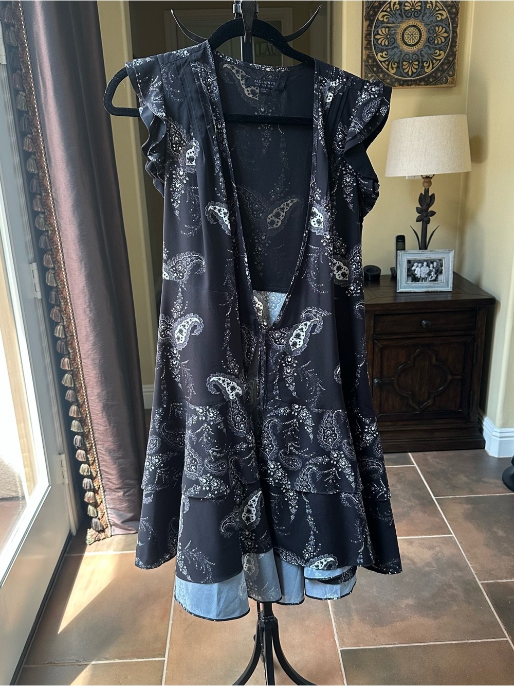 AllSaints Black Paisley Ruffle Wrap Dress